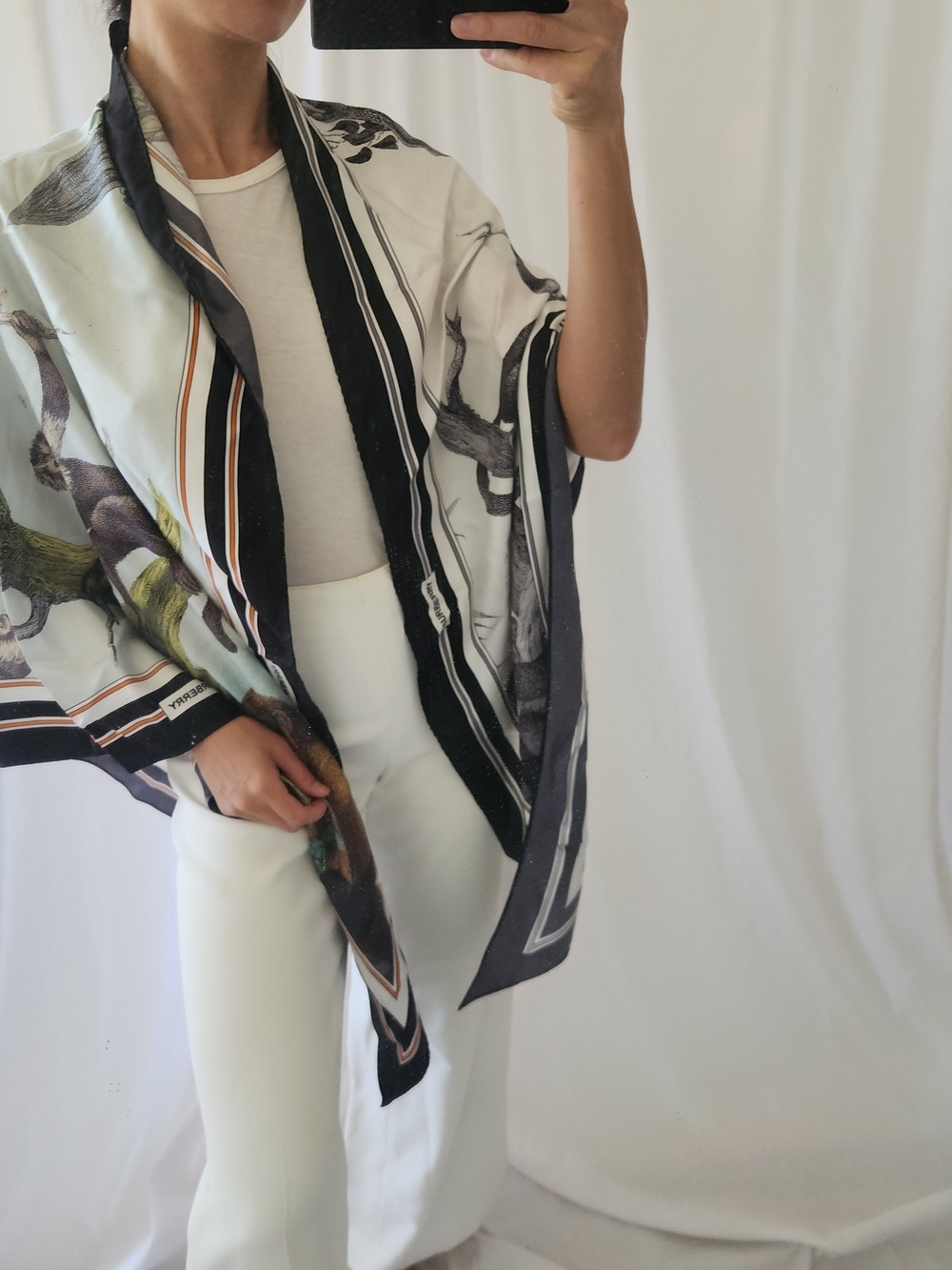 Burberry Silk Scarf Green Cream White Blue Black White Art Fashion Hankerchief
